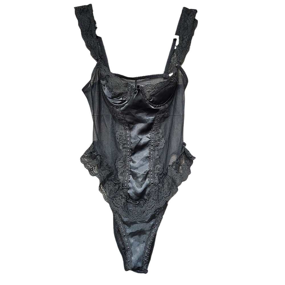 Vintage Black Lace Sheer Teddy Bodysuit Lingerie Goth Dark Romantic Bra Size M